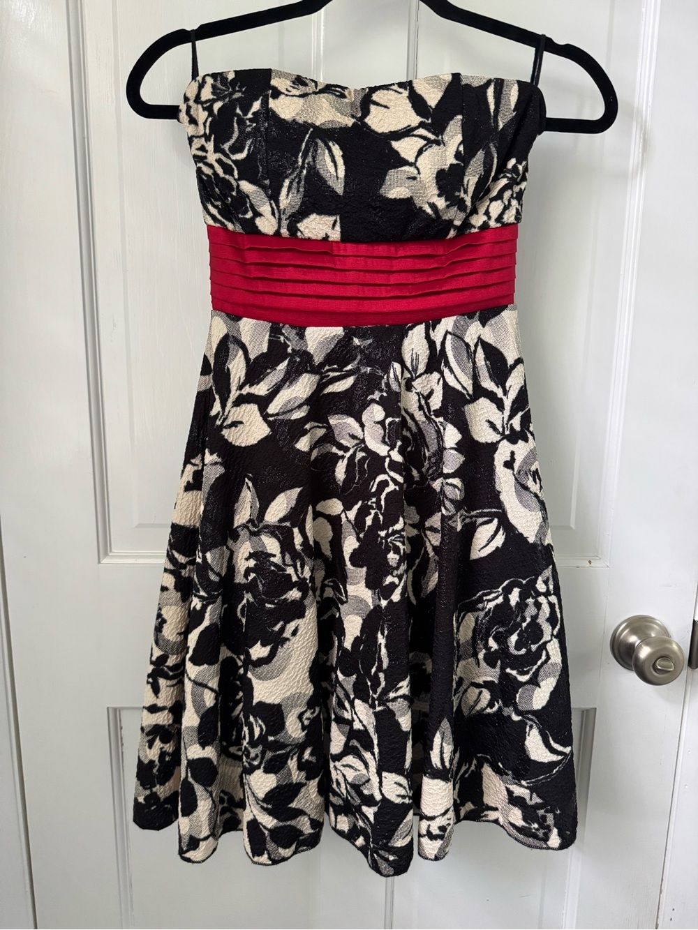 Strapless Black & Cream Floral Dress with Red Waistband